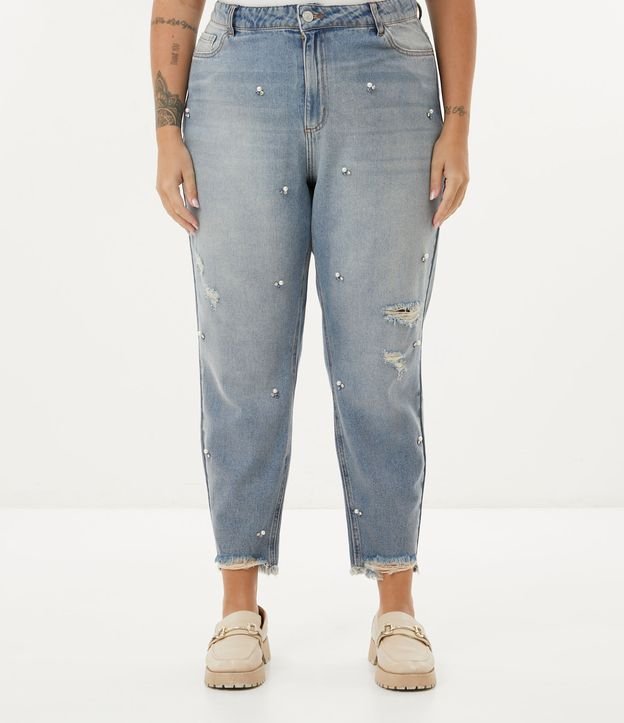Calça Mom Jeans com Pérolas e Pedrinhas de Strass Curve & Plus Size
