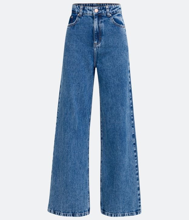 Pantalón Wide Leg Jeans con Cintura Alta y Pespuntos Contrastantes Azul 6