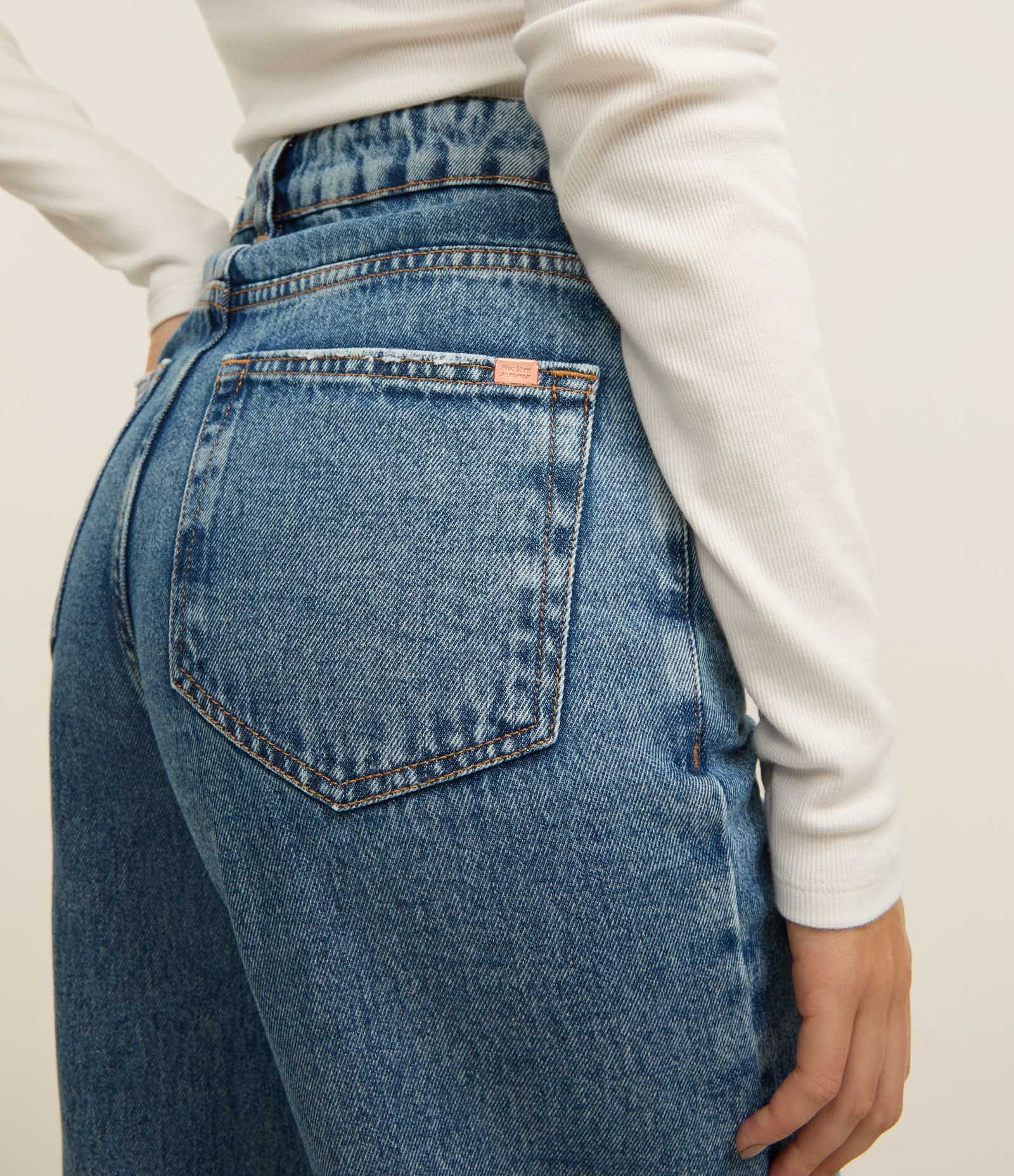 Calça Wide Leg Jeans com Cintura Alta e Pespontos Contrastantes Azul 4