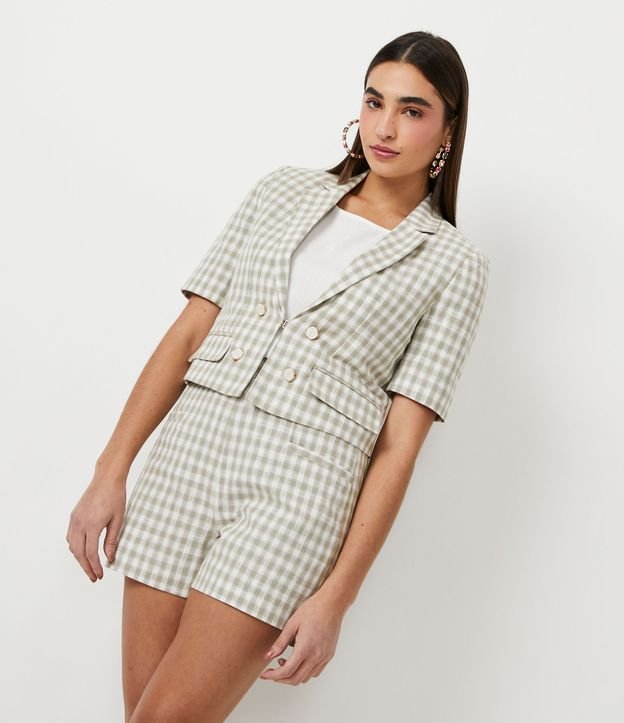 Blazer em Algodão com Manga Curta e Estampa Xadrez Vichy