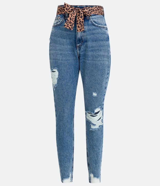 Pantalón Mom Jean con Desgastes y Cinturón de Pañuelo Estampado Animal Print Jaguar Azul 7