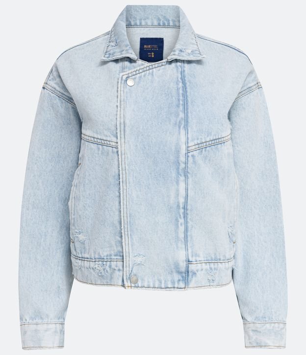 Campera Biker Jeans con Cierre de Cremallera con Gastados y Bolsillos Azul 7
