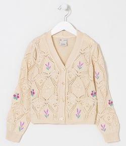 Cardigan Infantil em Tricô com Bordados de Flores - Tam 5 a 14 anos