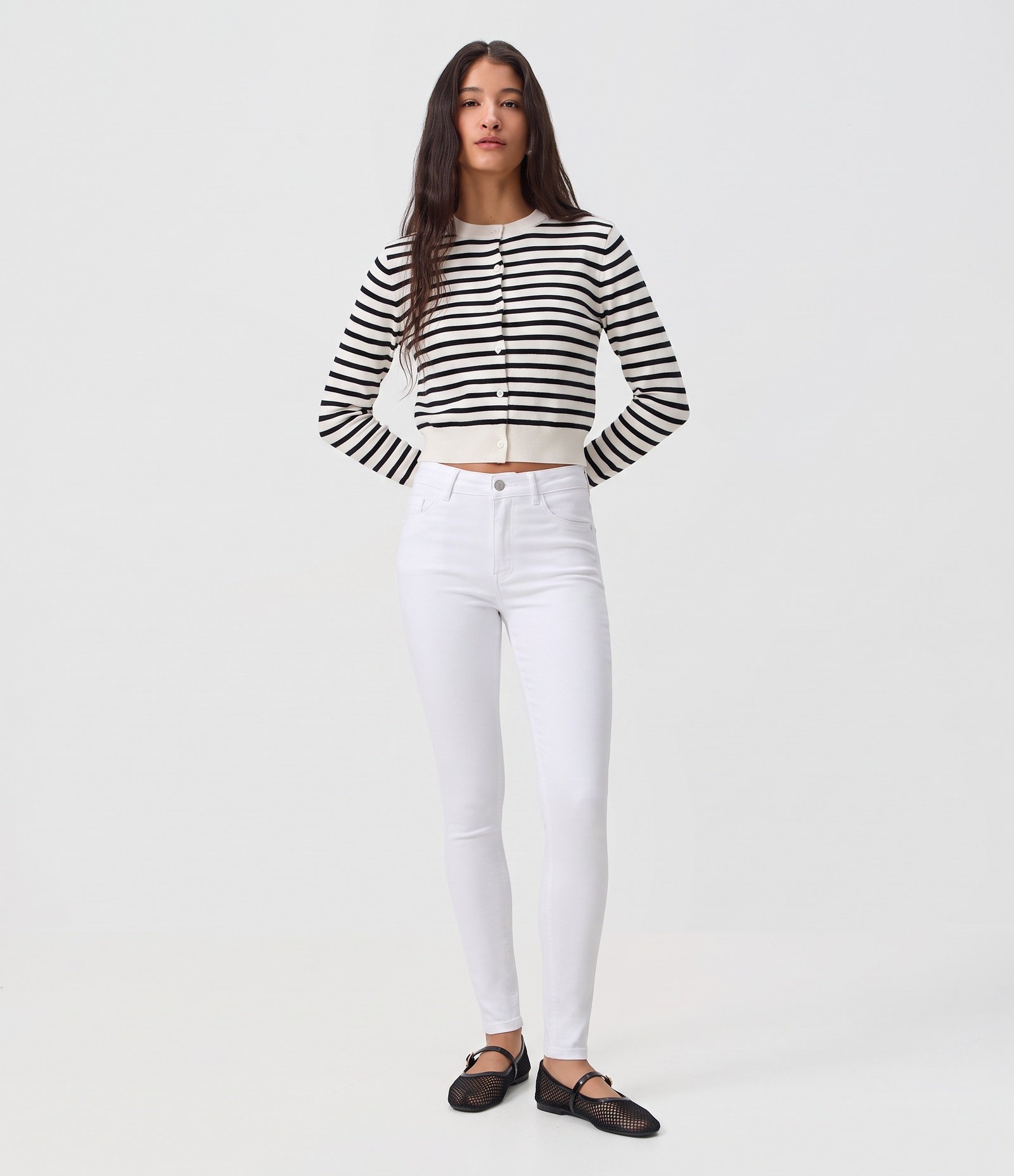 Calça Skinny em Sarja com Cintura Alta e Bolsos Branco 1