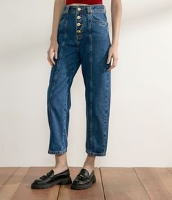 Calça Reta Jeans com Costura Contrastante