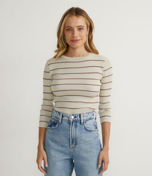 Blusa Corta de Punto Acanalado con Rayas y Barra con Volados Beige 1