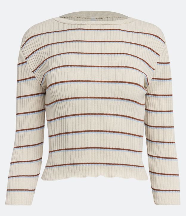 Blusa Corta de Punto Acanalado con Rayas y Barra con Volados Beige 6