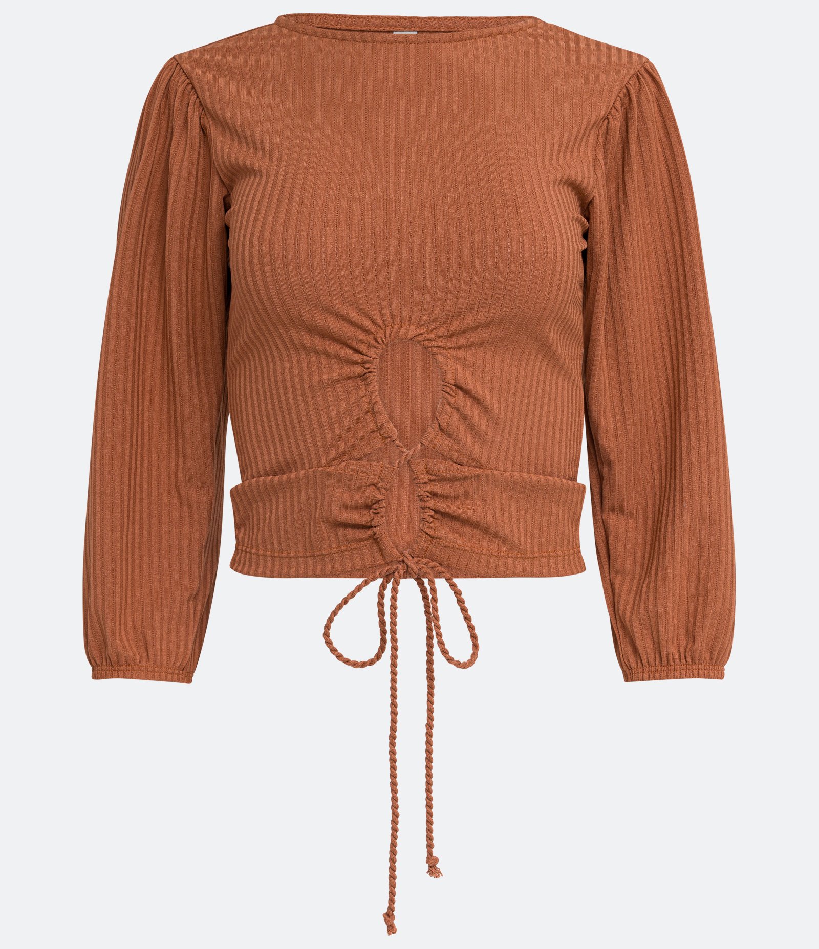 Blusa Curta em Ribana Canelada com Amarração Frontal Marrom 1