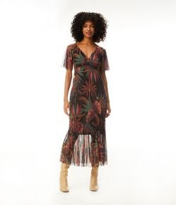 Vestido Longo em Tule com Estampa de Folhagens com Babado