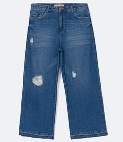 Calça Wide Leg Jeans com Puídos e Barra Desfeita Curve & Plus Size