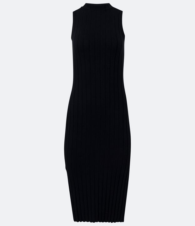 Vestido Midi en Viscosa con Cuello Alto Básico y Acanalado Negro 5