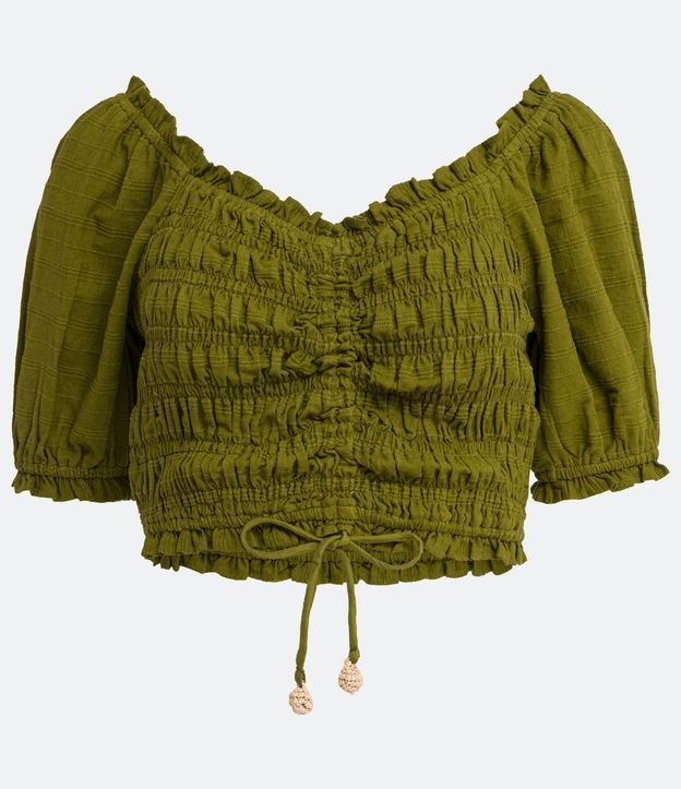 Blusa Cropped en Algodón con Cordón Frontal y Volados en los Hombros Verde 7