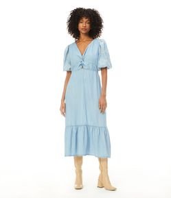 Vestido Longo em Liocel com Torcido no Busto e Manga Bufante