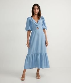 Vestido Longo em Liocel com Detalhe Torcido e Babado na Barra