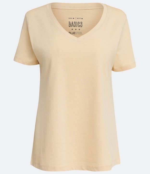 Blusa Básica en Algodón con Escote V y Manga Corta Beige 3
