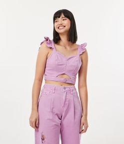 Blusa Regata Cropped em Sarja com Babado nas Alças
