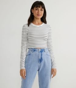 Blusa Cropped Manga Longa em Algodão com Estampa Listrada