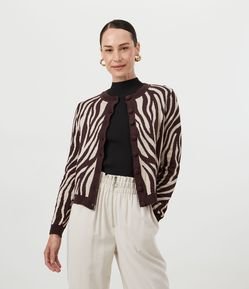 Cardigan em Tricô Animal Print Zebra com Abotoamento Frontal