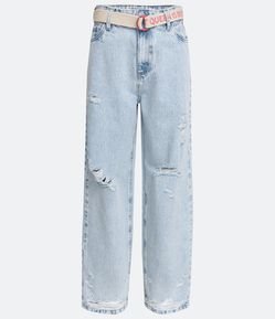 Pantalón Dad Jeans con Cintura Baja Desgastes y Cinturón con Lettering