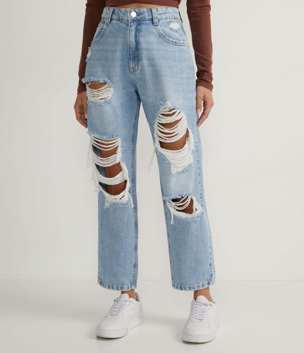 Pantalón Boyfriend Jeans con Cintura Alta y Desgastes Grandes Azul 1