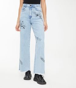 Pantalón Años 90 en Jeans con Mix de Estampados y Barra Deshilachada