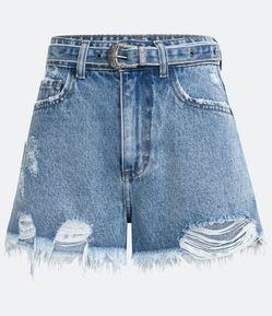 Short Cintura Alta Jeans com Puídos e Cinto com Fivela
