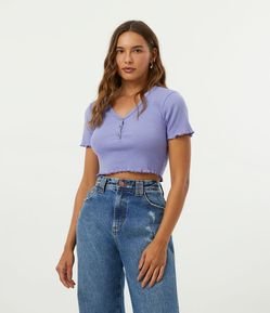 Blusa Cropped em Algodão Canelado com Manga Curta e Barra em Picot