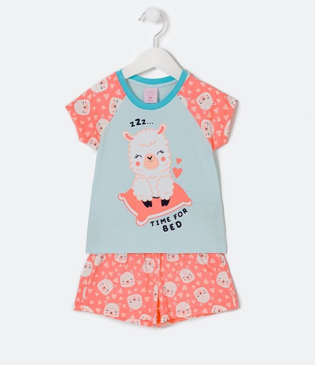 Pijama Curto Infantil com Estampa de Lhama e Travesseiro - Tam 1 a 4 anos