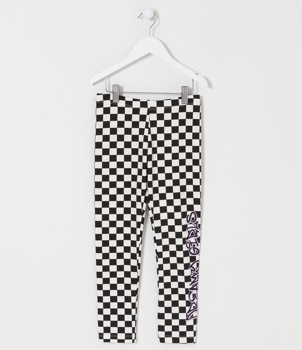 Calça Legging Infantil em Molecotton com Padronagem Xadrez e Lettering Grafitados - Tam 5 a 14 anos