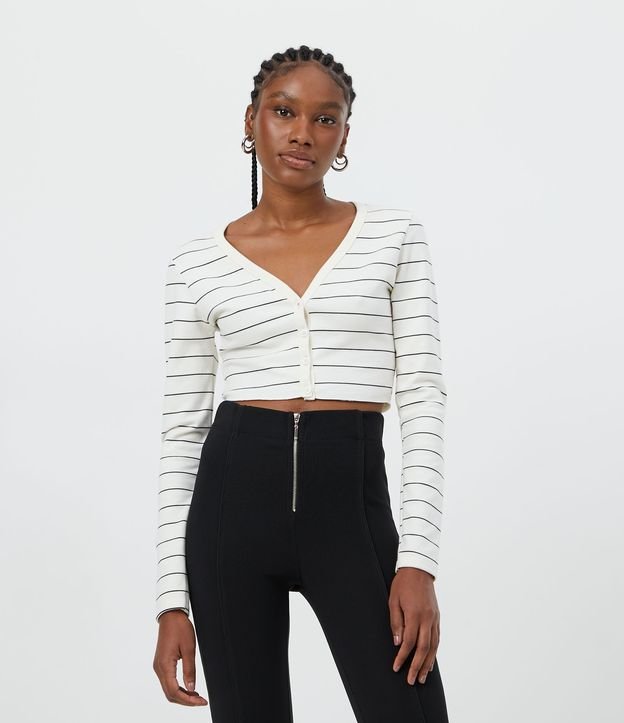 Blusa Cropped en Ribana con Rayas y Botones Delanteros Beige 1