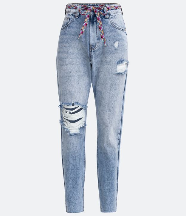 Pantalón Mom Jeans con Cinturón de Cordón y Barra Acortada a Hilo Azul 8