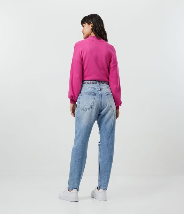 Pantalón Mom Jeans con Cinturón de Cordón y Barra Acortada a Hilo Azul 5