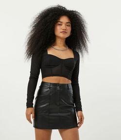 Blusa Cropped em Tule com Recortes e Recorte no Busto