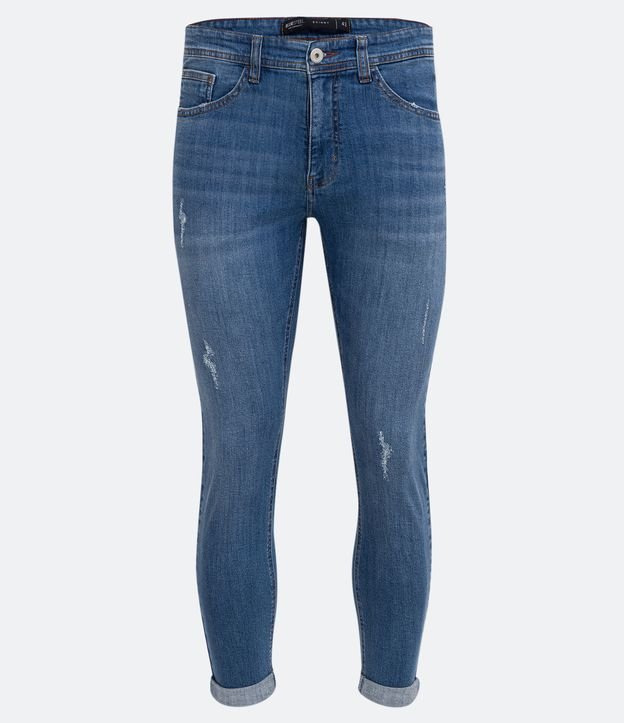Pantalón Skinny en Jeans con Barra Doblada y Desgastes Azul 6