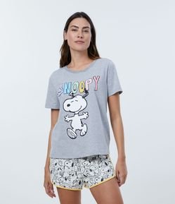 Pijama Curto em Algodão com Estampa Snoopy e Viés Contrastante