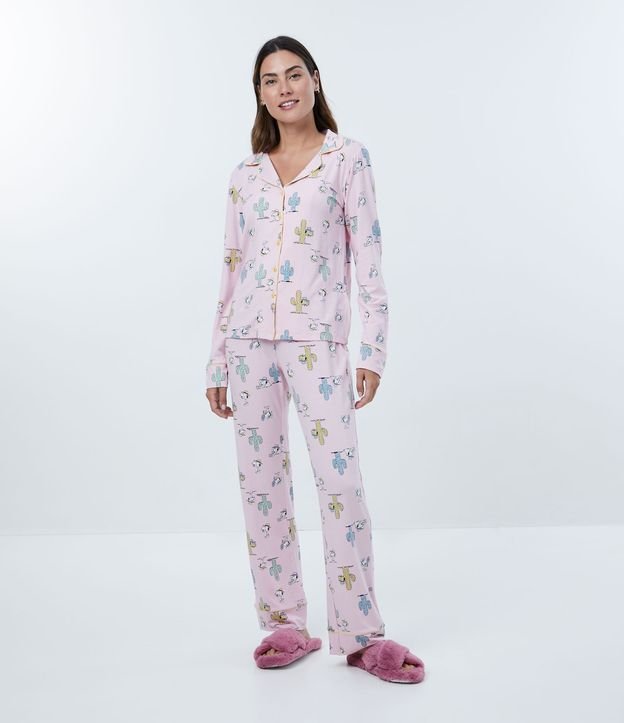 Pijama Americano Longo em Viscolycra com Estampa do Snoopy e Cactos