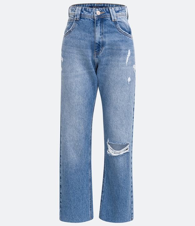 Calça Reta Cintura Alta em Jeans com Bolsos e Puídos Azul
