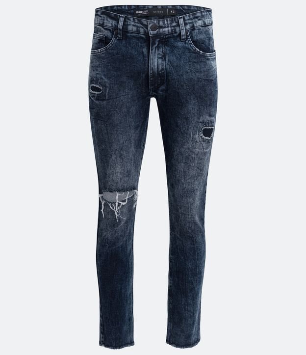Calça Skinny em Jeans Marmorizado com Rasgos e Puídos Azul 6