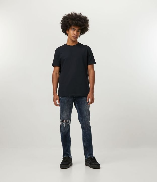 Calça Skinny em Jeans Marmorizado com Rasgos e Puídos Azul 1