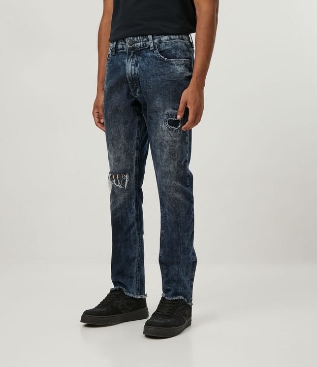 Calça Skinny em Jeans Marmorizado com Rasgos e Puídos Azul 2