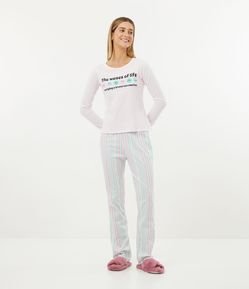 Pijama Longo em Algodão com Estampa de Carinhas e Listras