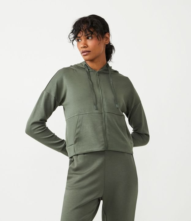 Campera Deportiva en Modal con Capucha y Cierre con Cremallera Verde Oscuro 6