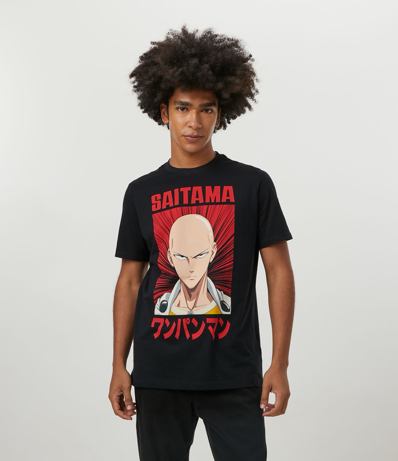 Camiseta Manga Curta em Meia Malha com Estampa Saitama Preto 1