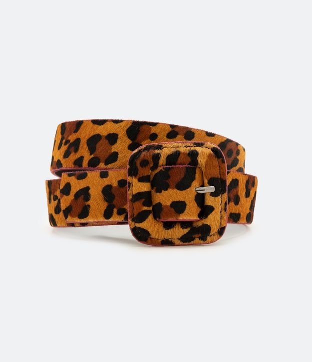 Cinturón Mediano con Hebilla Forrada y Estampado Animal Print Jaguar Marrón 1