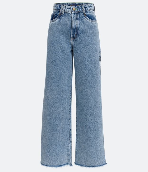 Pantalón Wide Leg Jeans con Abertura Lateral y Terminación Deshilachada Azul 7