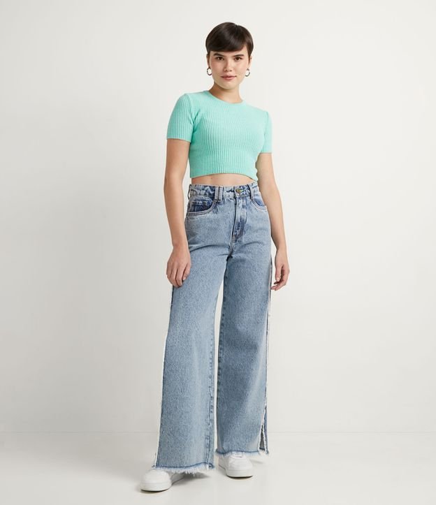 Pantalón Wide Leg Jeans con Abertura Lateral y Terminación Deshilachada Azul 6
