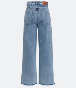 Calça Wide Leg Jeans com Fenda Lateral e Barra Desfiada
