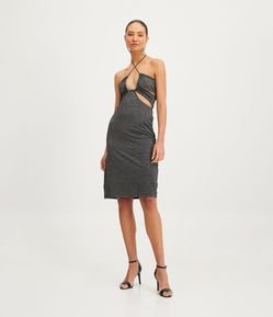 Vestido Midi em Jersey Metalizado Decote Diferenciado e Mordidinhas