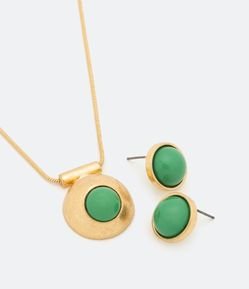 Conjunto Brinco e Colar em Metal com Pingente de Meia Bola e Resina Pintada