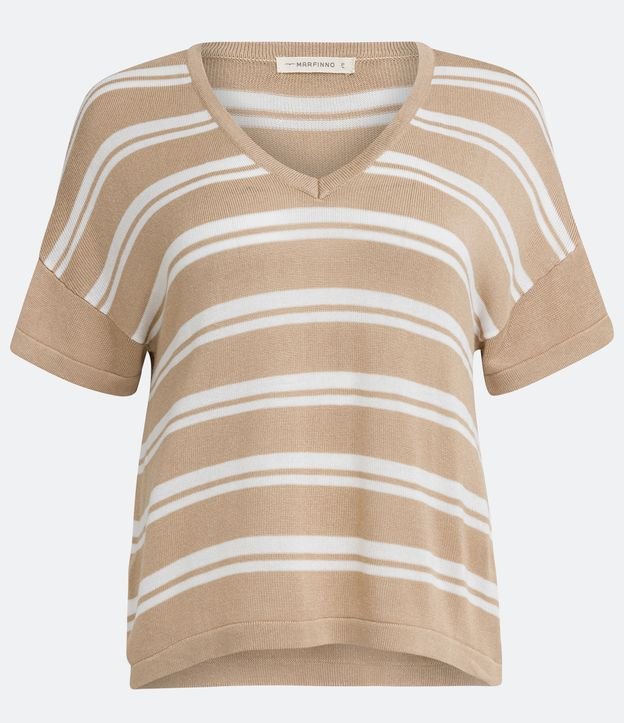 Blusa Manga Corta Rayada y Escote V Beige 5